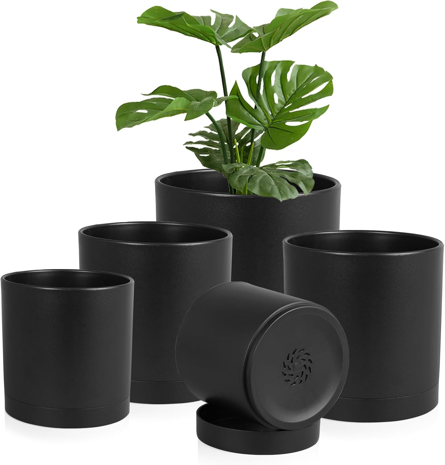 Homeuouz 5 Packs Blumentopf mit Untersetzer, 17.8cm/15.2cm/14cm/12.7cm/10.2cm Pflanzentopf, Plastik Übertopf, Hydrokultur Topf, Blumentöpfe Set Ideal für Innen und Balkongärten,Schwarz