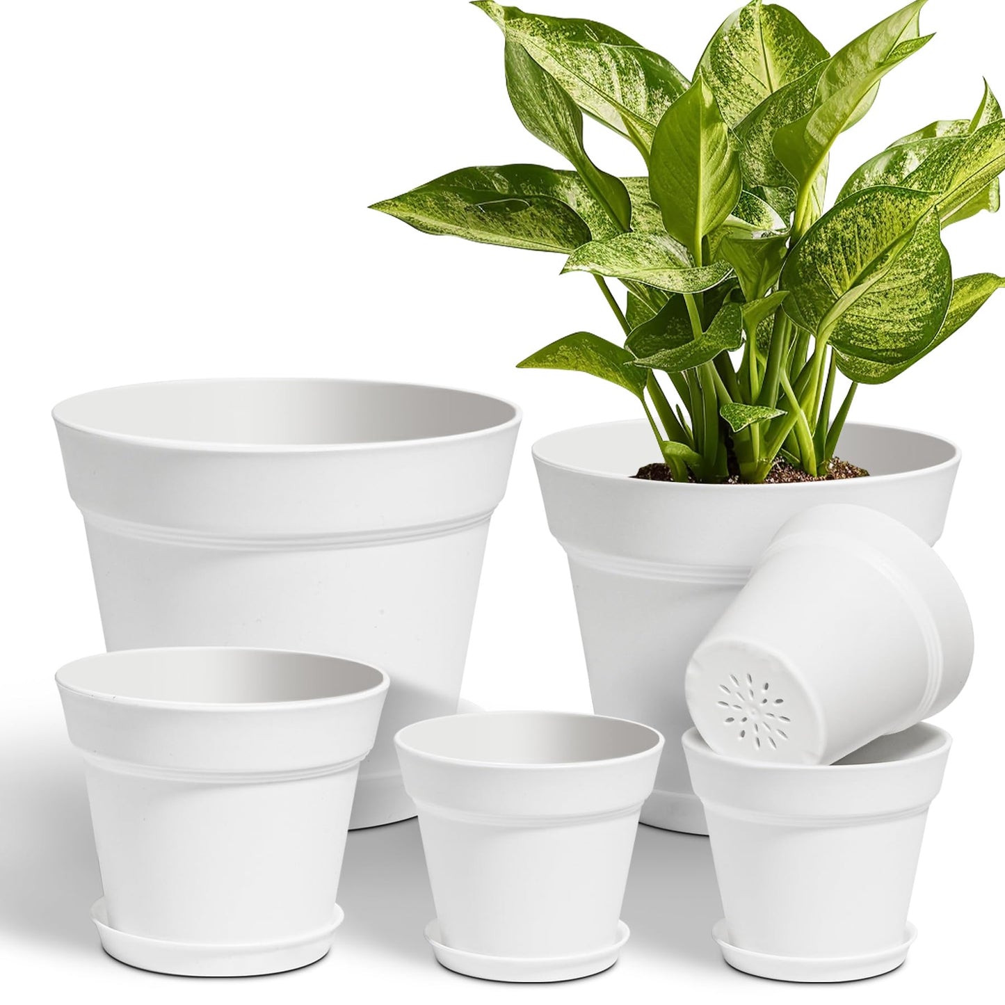 T4U 16cm Kunststoff Blumentopf mit Untersetzer, 6er-Set Plastik Übertopf Kräutertopf mit Mehrere Ablauflöchern, Rund Pflanzkübel für Innen und Balkon Sukkulenten Kaktus, Schwarz