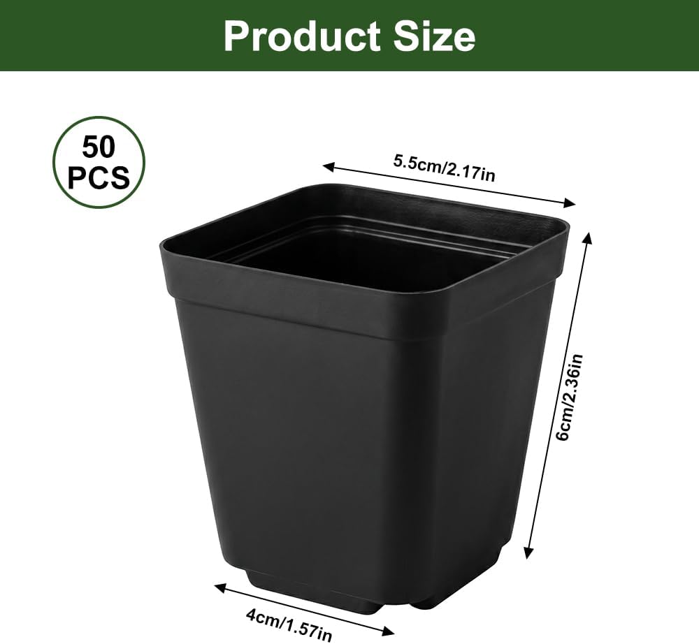Plastik Anzuchttöpfe 5.5 cm 50 Stück Blumentöpfe Klein, Schwarz Kunststoff Anzuchttöpfe Eckig, Pflanztöpfe Anzucht mit Mehrere Ablauflöchern für Gemüse, Sukkulenten, Setzlinge, Stecklinge, Umpflanzen