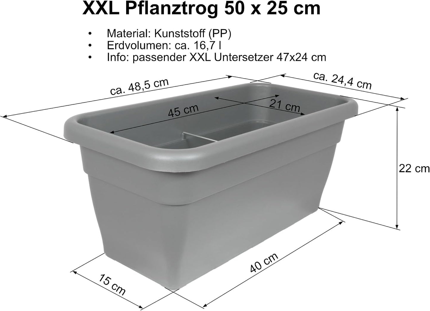 MePla Blumentrog - länglicher Blumentopf - wetterfestes Pflanzgefäß - UV-beständiger Blumenkübel - Pflanzentopf - Pflanzen-Trog - 50x25 cm (Innen: 45 x 21 cm) - Anthrazit