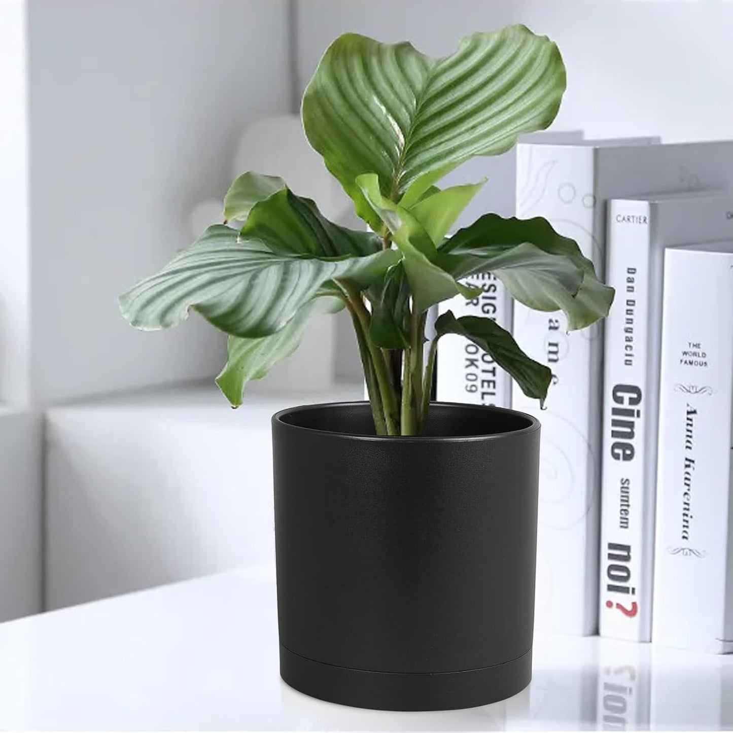 Homeuouz 5 Packs Blumentopf mit Untersetzer, 17.8cm/15.2cm/14cm/12.7cm/10.2cm Pflanzentopf, Plastik Übertopf, Hydrokultur Topf, Blumentöpfe Set Ideal für Innen und Balkongärten,Schwarz
