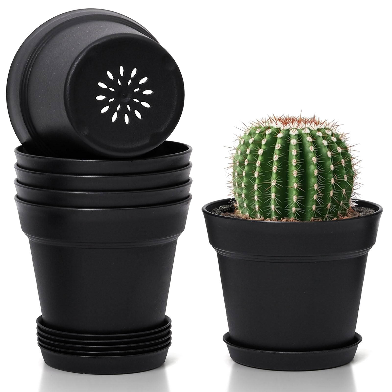 T4U 16cm Kunststoff Blumentopf mit Untersetzer, 6er-Set Plastik Übertopf Kräutertopf mit Mehrere Ablauflöchern, Rund Pflanzkübel für Innen und Balkon Sukkulenten Kaktus, Schwarz