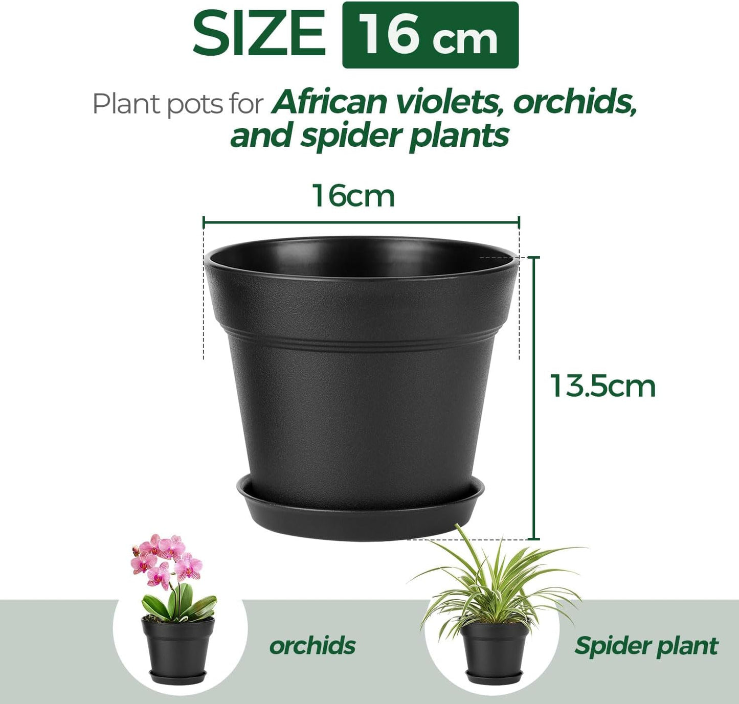 T4U 16cm Kunststoff Blumentopf mit Untersetzer, 6er-Set Plastik Übertopf Kräutertopf mit Mehrere Ablauflöchern, Rund Pflanzkübel für Innen und Balkon Sukkulenten Kaktus, Schwarz