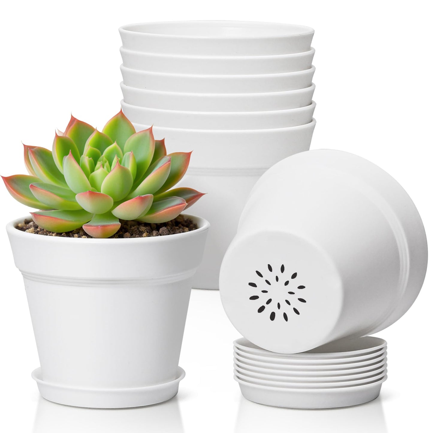 T4U 16cm Kunststoff Blumentopf mit Untersetzer, 6er-Set Plastik Übertopf Kräutertopf mit Mehrere Ablauflöchern, Rund Pflanzkübel für Innen und Balkon Sukkulenten Kaktus, Schwarz