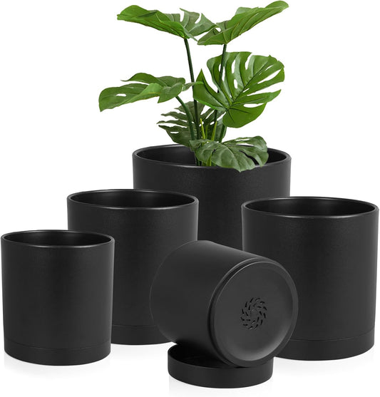 Homeuouz 5 Packs Blumentopf mit Untersetzer, 17.8cm/15.2cm/14cm/12.7cm/10.2cm Pflanzentopf, Plastik Übertopf, Hydrokultur Topf, Blumentöpfe Set Ideal für Innen und Balkongärten,Schwarz