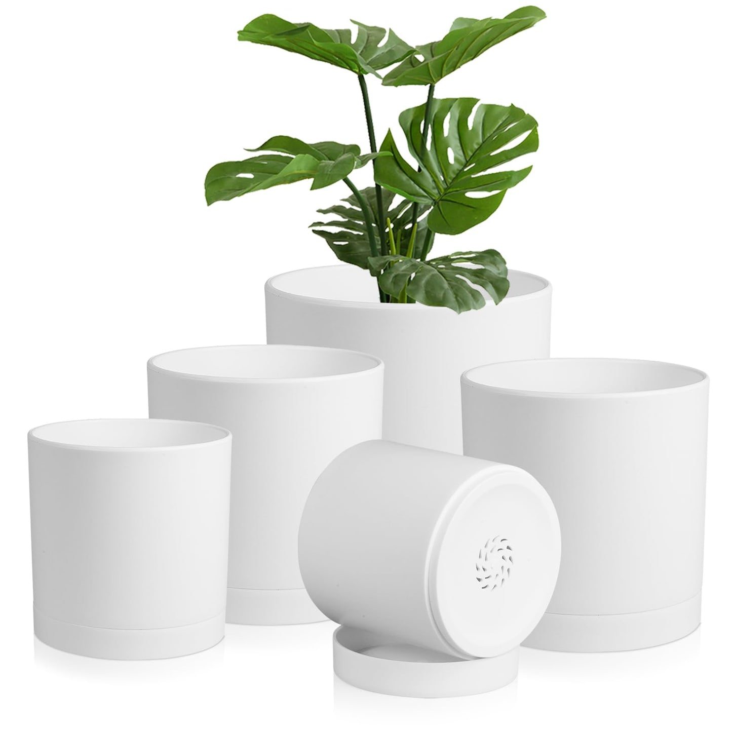 Homeuouz 5 Packs Blumentopf mit Untersetzer, 17.8cm/15.2cm/14cm/12.7cm/10.2cm Pflanzentopf, Plastik Übertopf, Hydrokultur Topf, Blumentöpfe Set Ideal für Innen und Balkongärten,Schwarz
