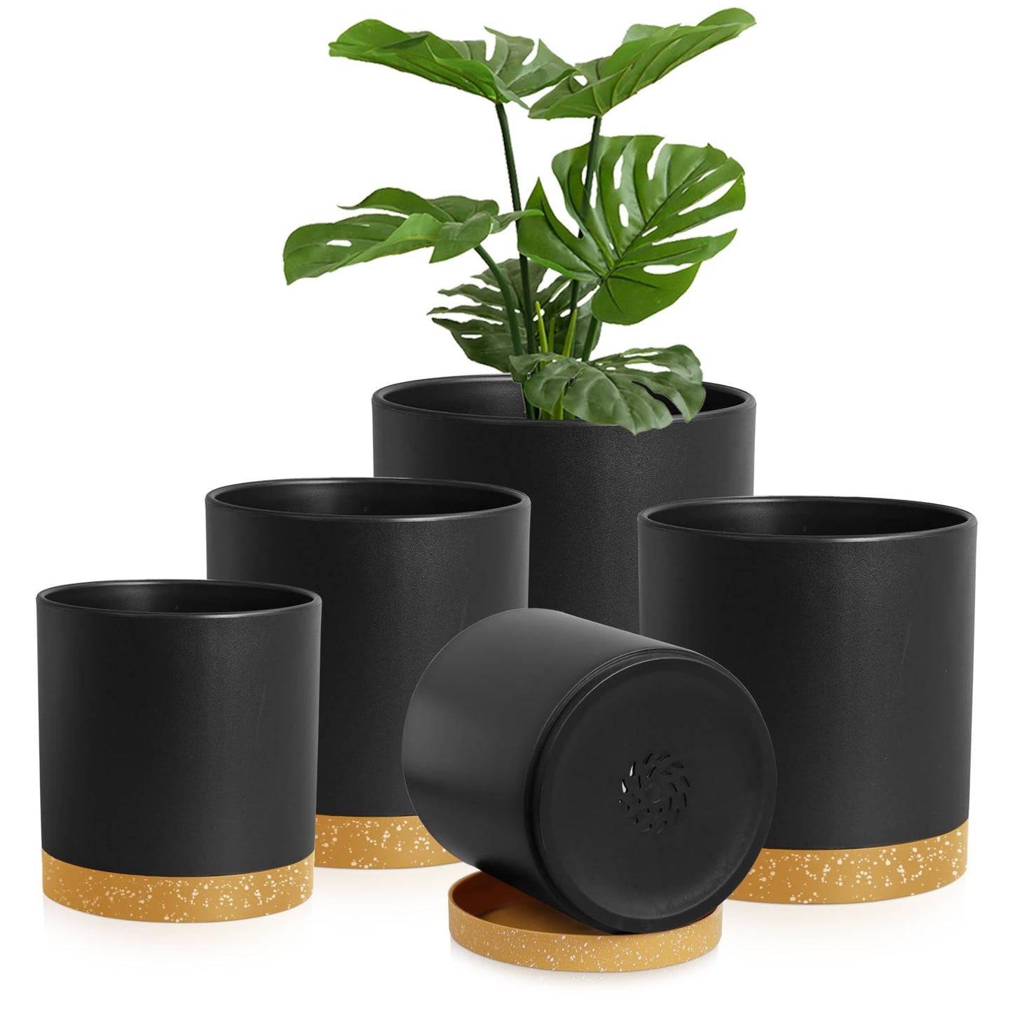 Homeuouz 5 Packs Blumentopf mit Untersetzer, 17.8cm/15.2cm/14cm/12.7cm/10.2cm Pflanzentopf, Plastik Übertopf, Hydrokultur Topf, Blumentöpfe Set Ideal für Innen und Balkongärten,Schwarz