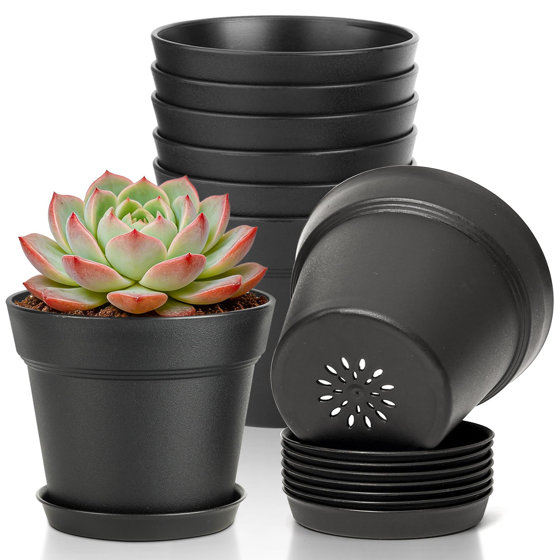 T4U 16cm Kunststoff Blumentopf mit Untersetzer, 6er-Set Plastik Übertopf Kräutertopf mit Mehrere Ablauflöchern, Rund Pflanzkübel für Innen und Balkon Sukkulenten Kaktus, Schwarz