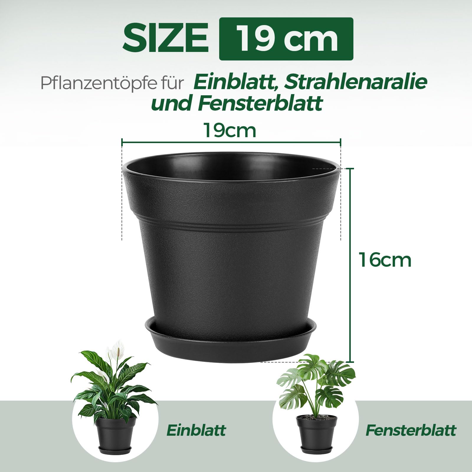 T4U 16cm Kunststoff Blumentopf mit Untersetzer, 6er-Set Plastik Übertopf Kräutertopf mit Mehrere Ablauflöchern, Rund Pflanzkübel für Innen und Balkon Sukkulenten Kaktus, Schwarz
