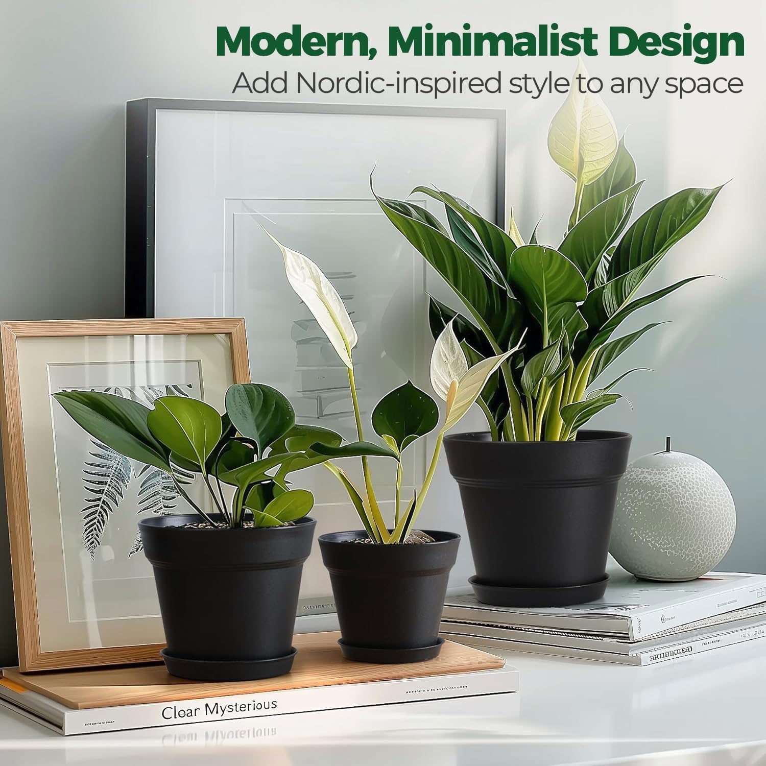 T4U 16cm Kunststoff Blumentopf mit Untersetzer, 6er-Set Plastik Übertopf Kräutertopf mit Mehrere Ablauflöchern, Rund Pflanzkübel für Innen und Balkon Sukkulenten Kaktus, Schwarz