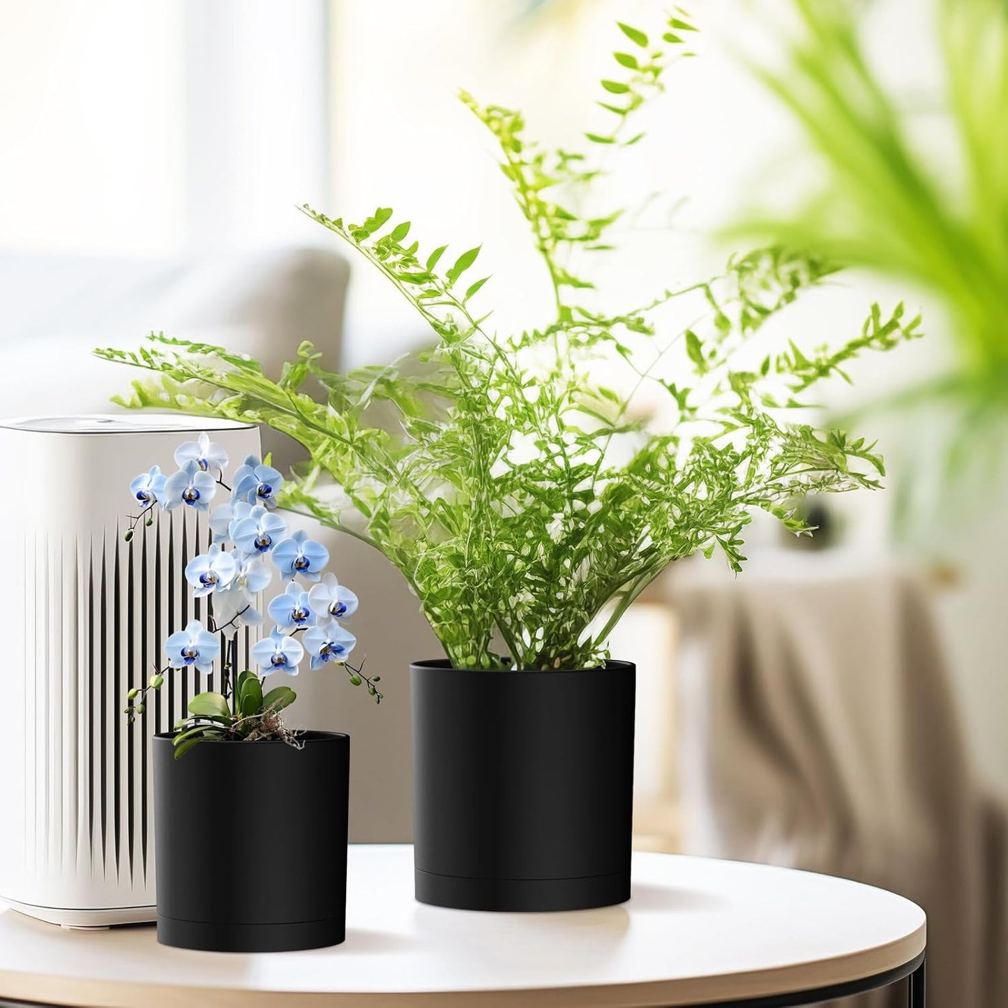 Homeuouz 5 Packs Blumentopf mit Untersetzer, 17.8cm/15.2cm/14cm/12.7cm/10.2cm Pflanzentopf, Plastik Übertopf, Hydrokultur Topf, Blumentöpfe Set Ideal für Innen und Balkongärten,Schwarz