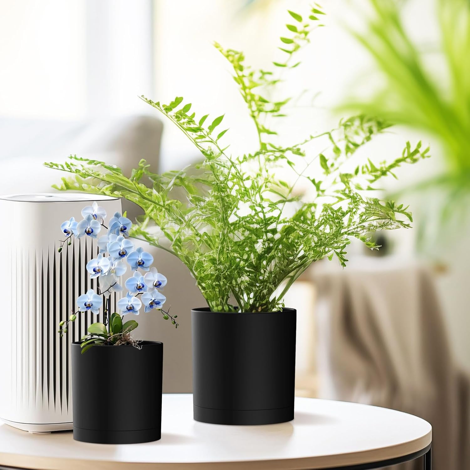 Homeuouz 5 Packs Blumentopf mit Untersetzer, 17.8cm/15.2cm/14cm/12.7cm/10.2cm Pflanzentopf, Plastik Übertopf, Hydrokultur Topf, Blumentöpfe Set Ideal für Innen und Balkongärten,Schwarz