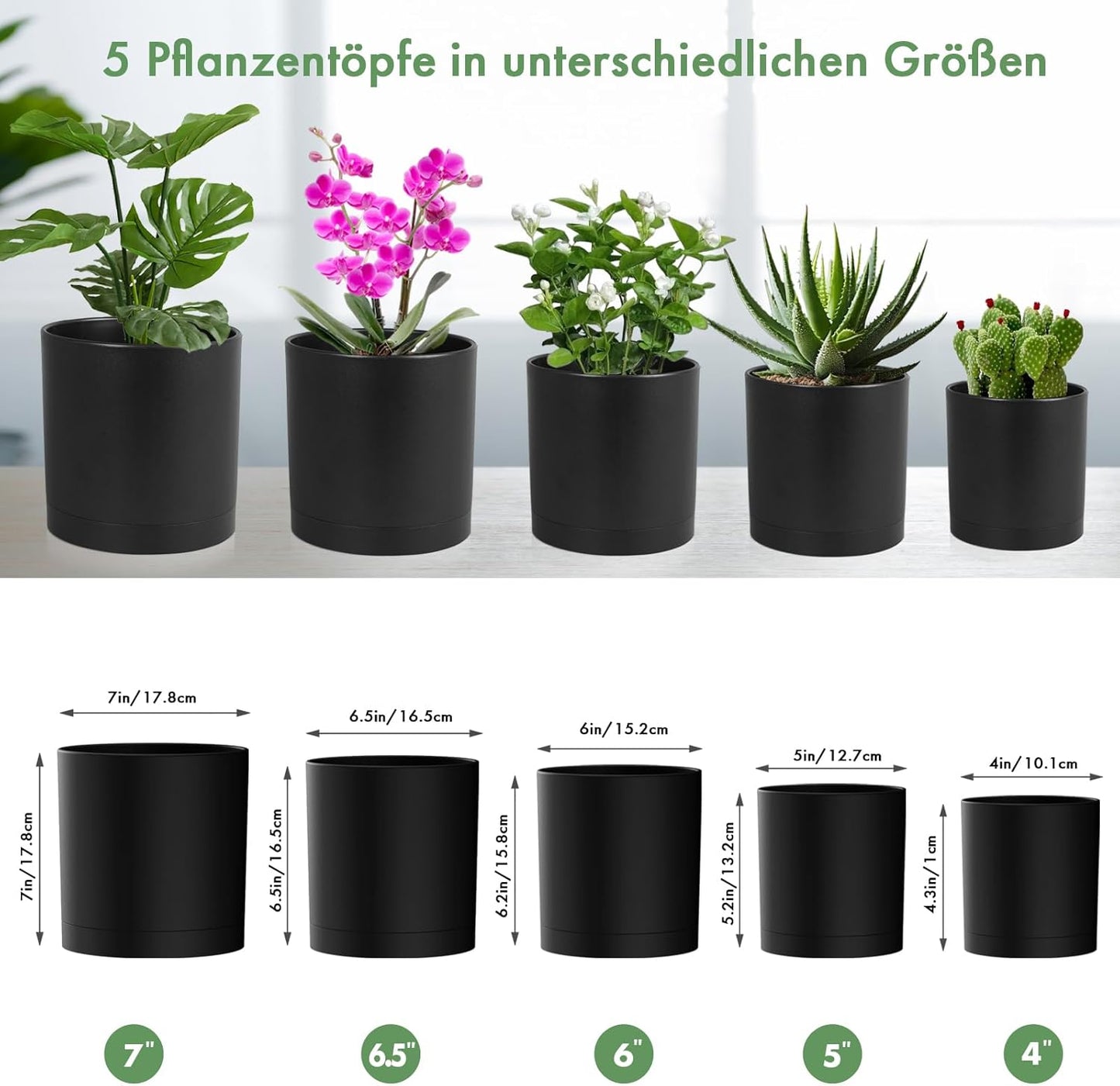 Homeuouz 5 Packs Blumentopf mit Untersetzer, 17.8cm/15.2cm/14cm/12.7cm/10.2cm Pflanzentopf, Plastik Übertopf, Hydrokultur Topf, Blumentöpfe Set Ideal für Innen und Balkongärten,Schwarz