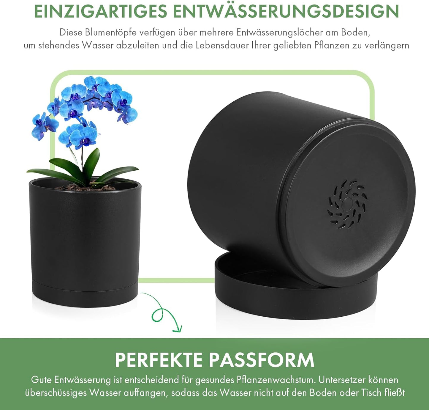 Homeuouz 5 Packs Blumentopf mit Untersetzer, 17.8cm/15.2cm/14cm/12.7cm/10.2cm Pflanzentopf, Plastik Übertopf, Hydrokultur Topf, Blumentöpfe Set Ideal für Innen und Balkongärten,Schwarz