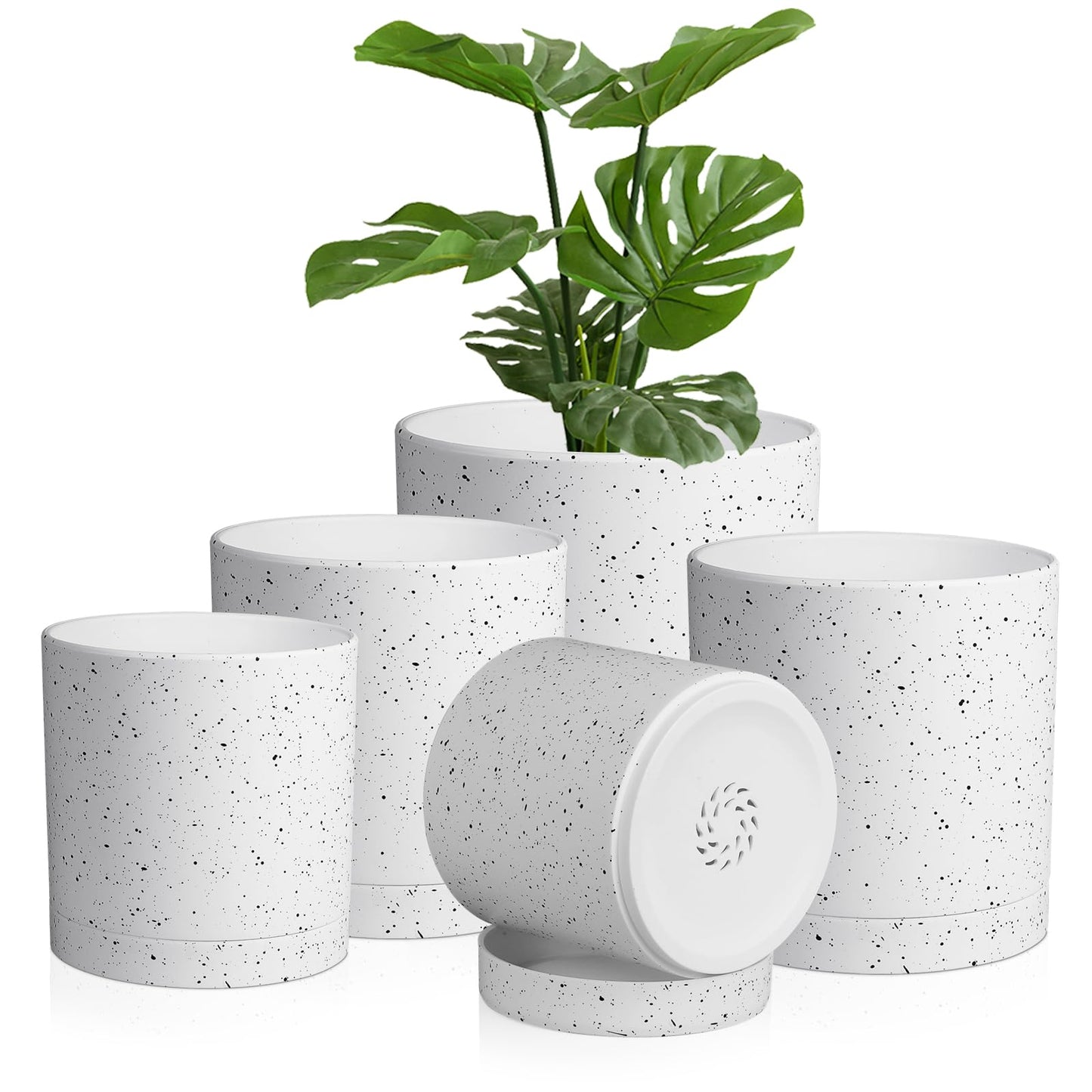 Homeuouz 5 Packs Blumentopf mit Untersetzer, 17.8cm/15.2cm/14cm/12.7cm/10.2cm Pflanzentopf, Plastik Übertopf, Hydrokultur Topf, Blumentöpfe Set Ideal für Innen und Balkongärten,Schwarz