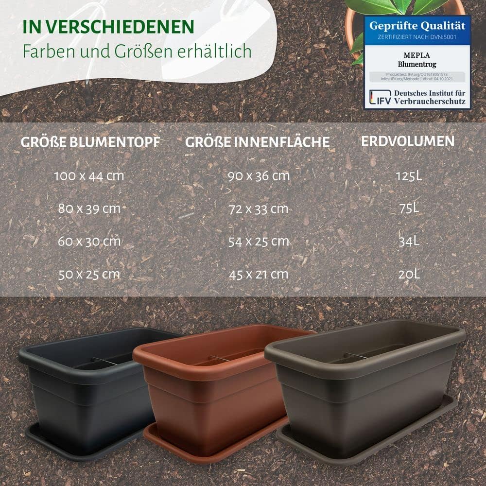 MePla Blumentrog - länglicher Blumentopf - wetterfestes Pflanzgefäß - UV-beständiger Blumenkübel - Pflanzentopf - Pflanzen-Trog - 50x25 cm (Innen: 45 x 21 cm) - Anthrazit