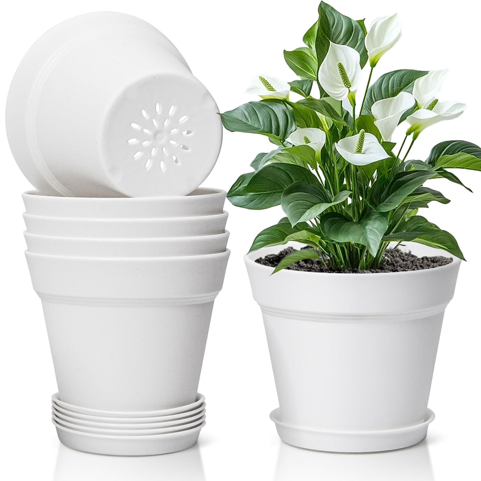 T4U 16cm Kunststoff Blumentopf mit Untersetzer, 6er-Set Plastik Übertopf Kräutertopf mit Mehrere Ablauflöchern, Rund Pflanzkübel für Innen und Balkon Sukkulenten Kaktus, Schwarz