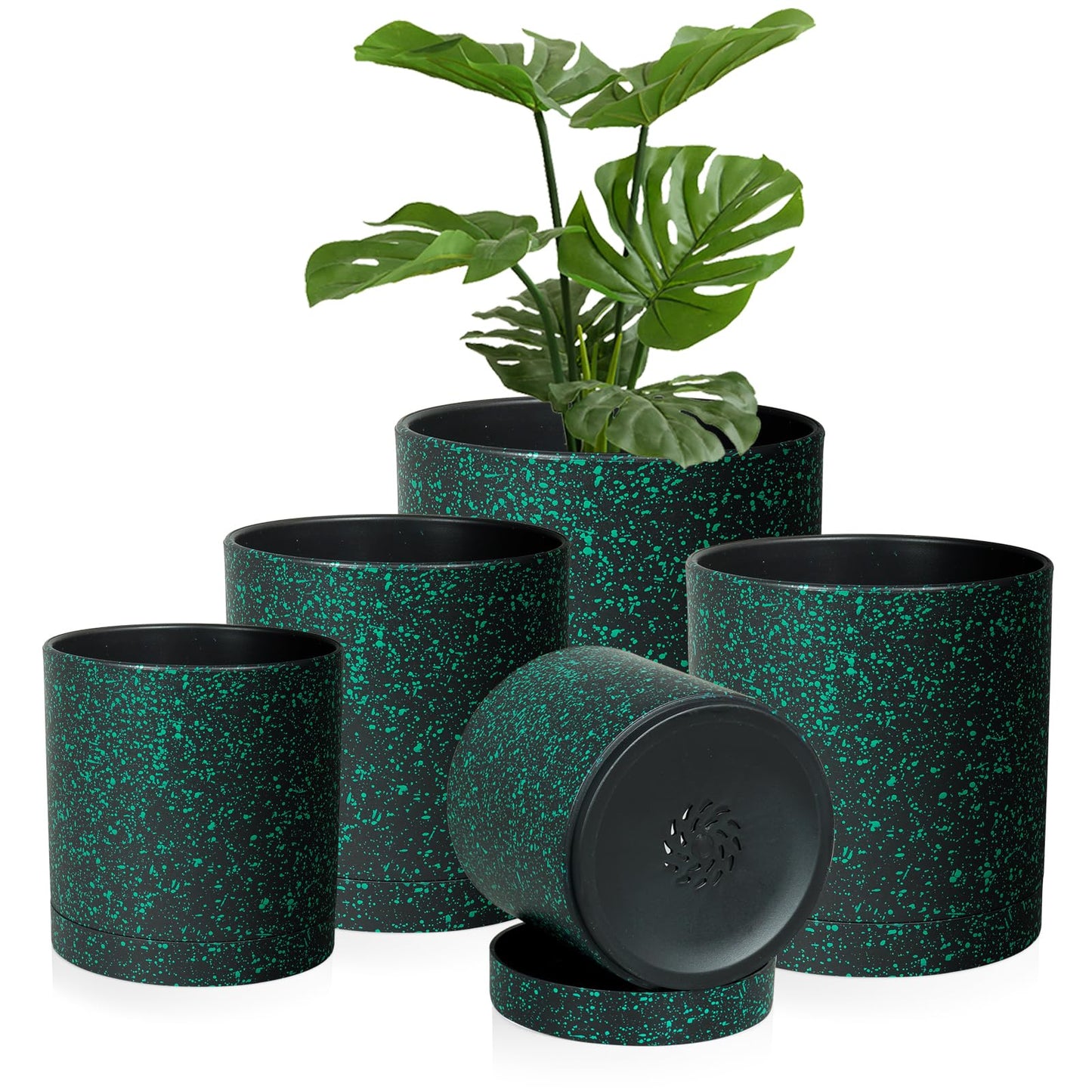 Homeuouz 5 Packs Blumentopf mit Untersetzer, 17.8cm/15.2cm/14cm/12.7cm/10.2cm Pflanzentopf, Plastik Übertopf, Hydrokultur Topf, Blumentöpfe Set Ideal für Innen und Balkongärten,Schwarz